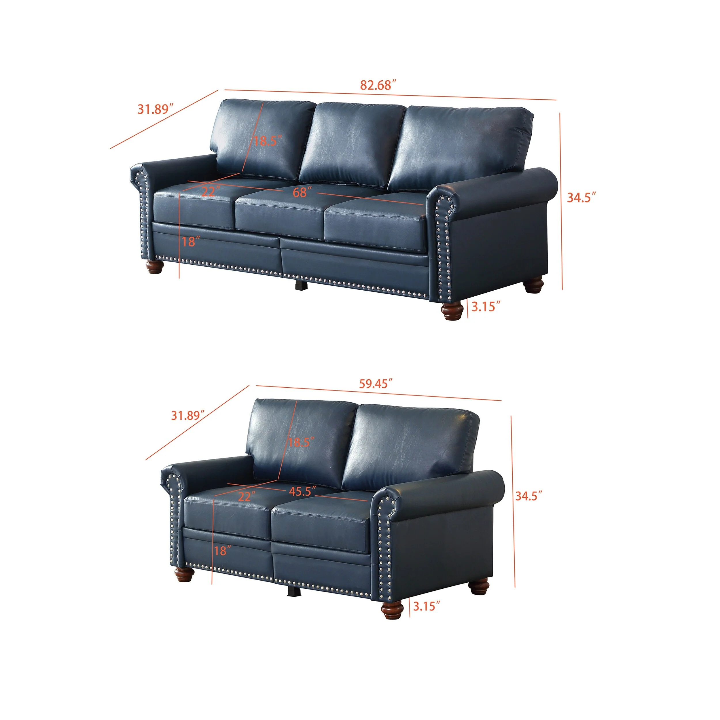 Classic Combination Sofa Set with Built In Storage and Nailhead Trim for Living Rooms and Guest Rooms