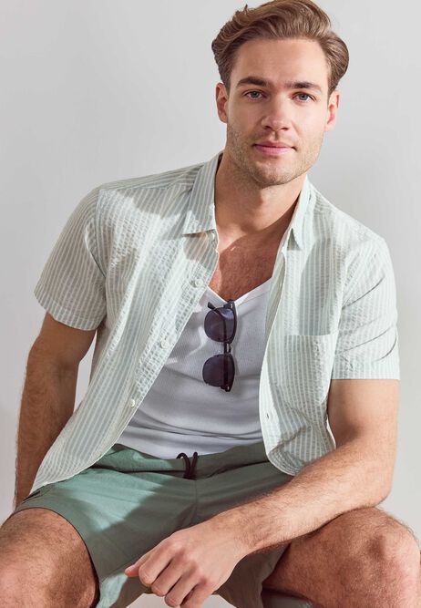 Mens Green Seersucker Stripe Cotton Shirt