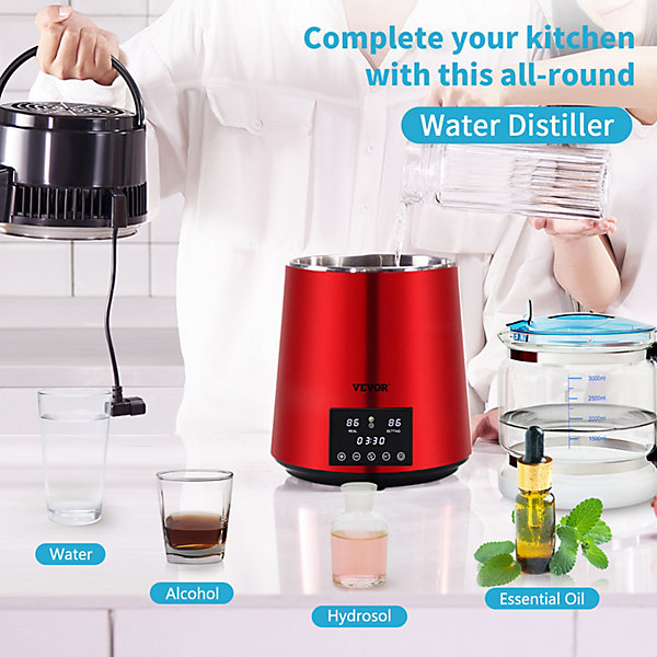 Distillateur d'eau 4L inox 750W, 1L/h, réglable température/temps, récipient verre, pour maison/bureau/, rouge.