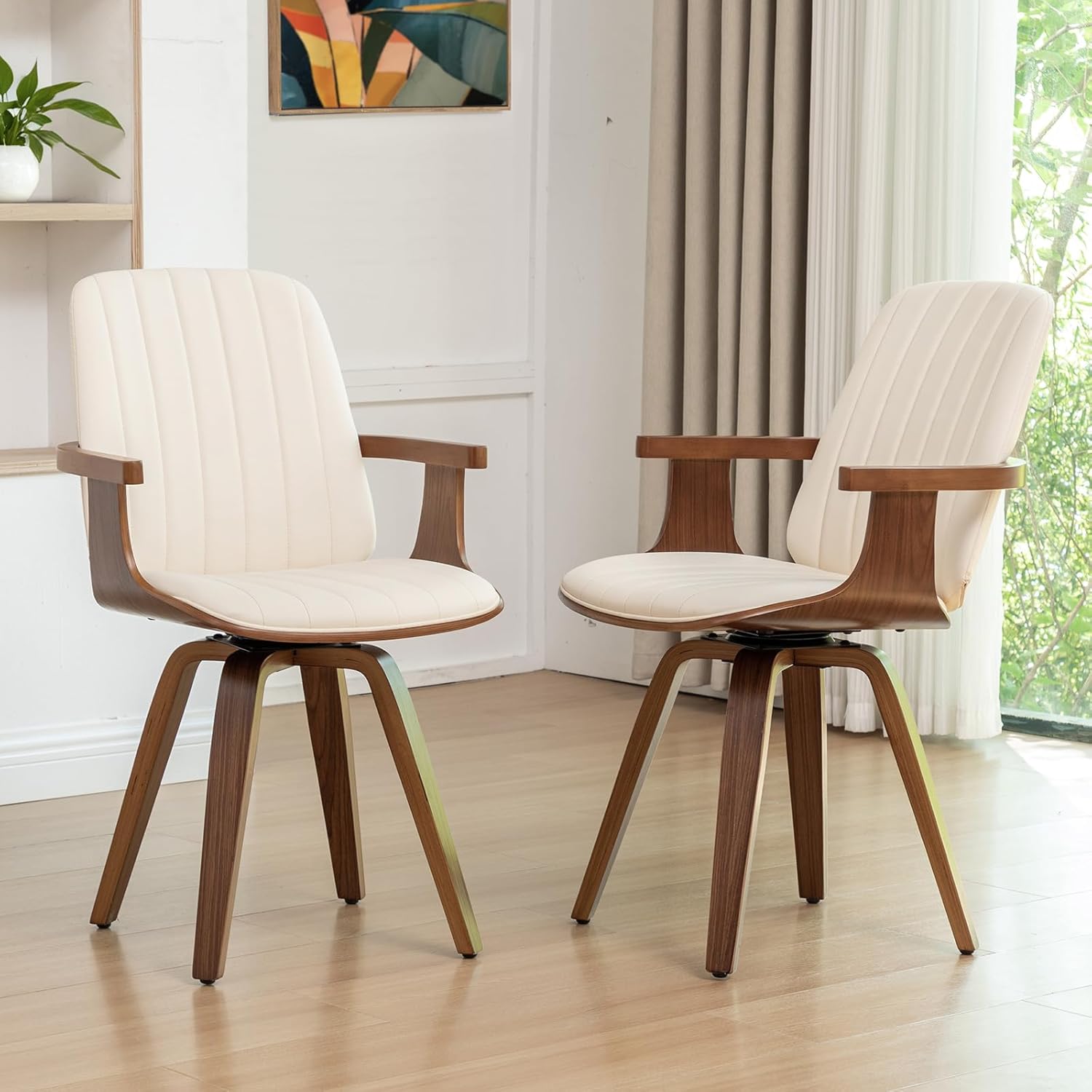 Swivel Dining Chairs Set of 6, Mid Century Modern Dining Chairs with Walnut Craftsmanship, Upholstered Faux Leather , Wooden Arms and Legs, Kitchen Chairs with Arms for Kitchen/Living Room - Beige