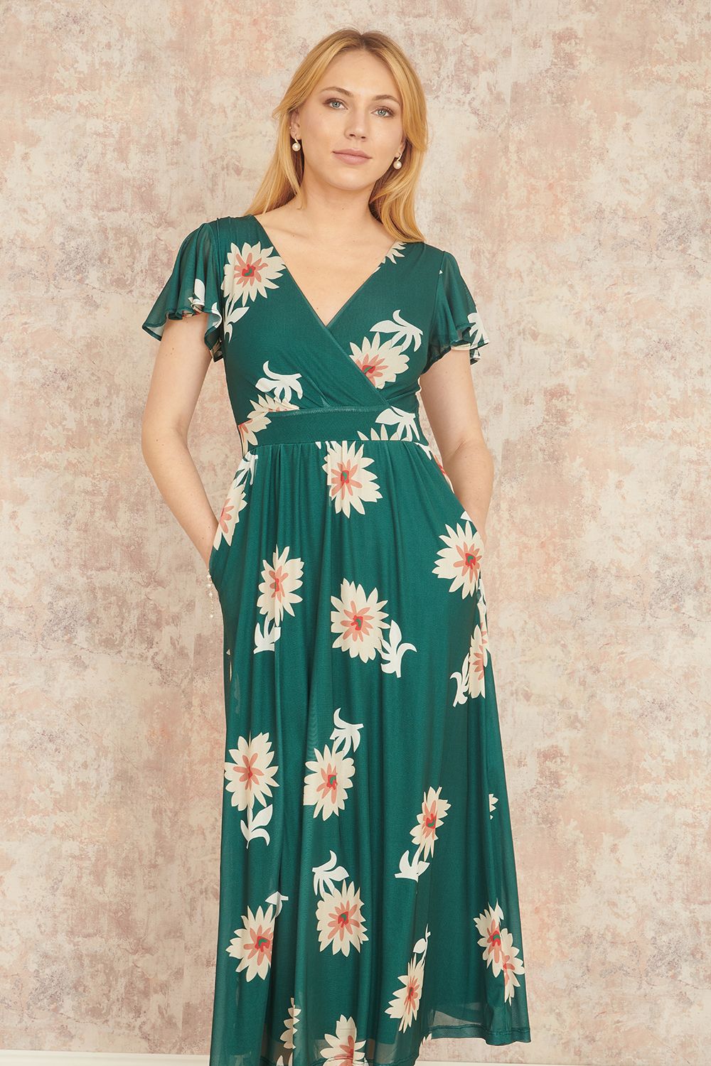 Yumi Yumi Green Mesh Flower Wrap Midi Dress With Pockets