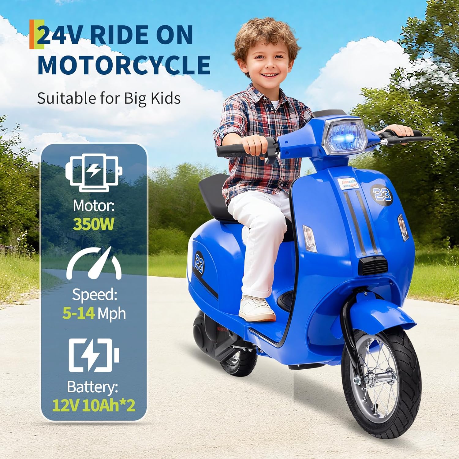 24V Moped Scooter for Kids - Electric Motorcycle for Kids - Electric Scooter with Seat for Children - Ride on Toy with LED Light for Girls