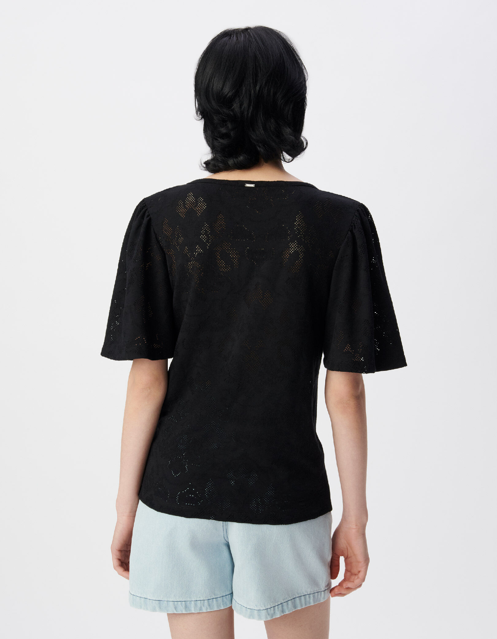 Tee-shirt manches courtes noir ajouré Femme