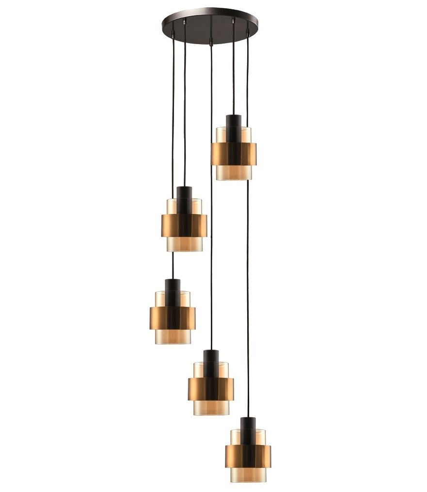 Freelight Freelight Hanglamp Chiasso Zwart Goud & Amber Glas 5 Lichts