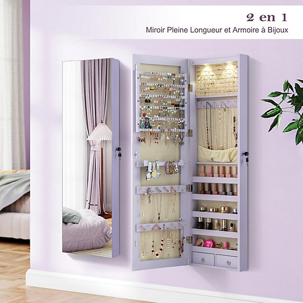 Armoire à Bijoux avec Miroir,Armoire a Bijoux Murale avec éclairage LED,2 Tiroirs,Fixer au Mur ou à Suspendre sur Porte (Violet)