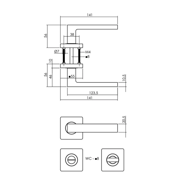 Türdrücker »Hera«, 55x55x10 mm WC 8 mm stift