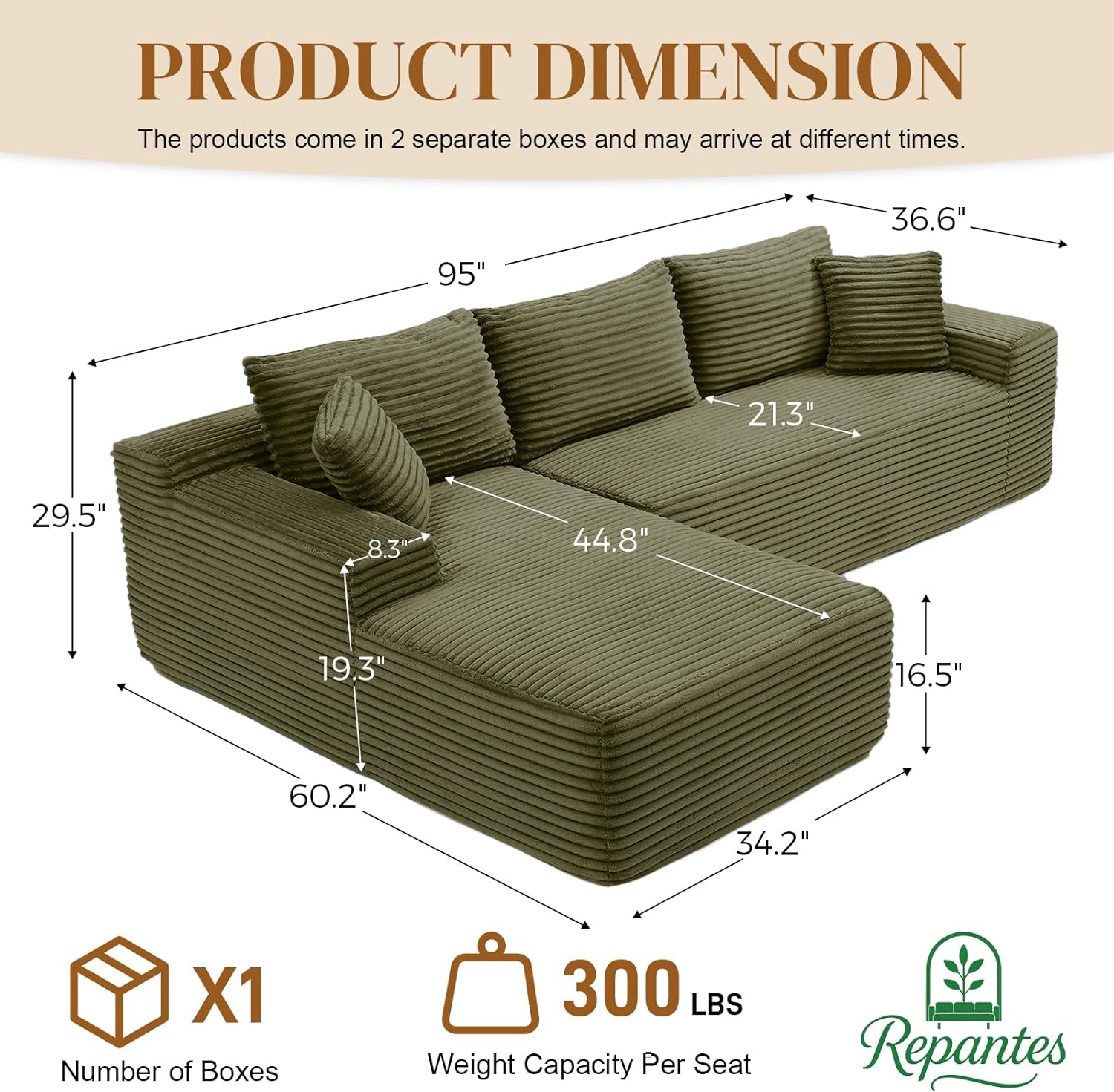 95 L Shaped Boneless Sectional Couches, Wide Armrest, Deep Seat, Memory Foam, Assembly Free, Modern Comfy Corduroy Fluffy Cloud Sofa with Left Chaise for Living Room, Small Spaces, Green