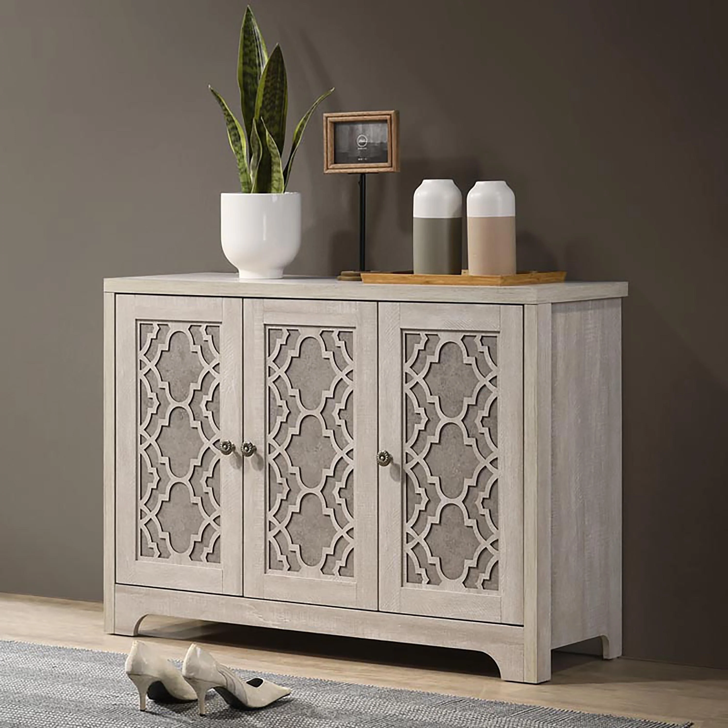 29.5 in. H x 41.7 in. W Dusty Grey Oak Wood Shoe Storage Cabinet with 3 Doors