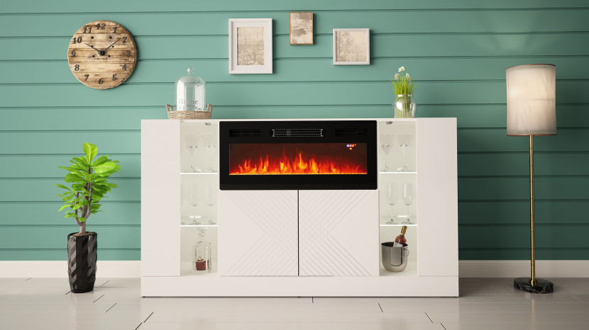 Komoda 160cm z kominkiem - Diuna 1 Biały mat - Biały połysk