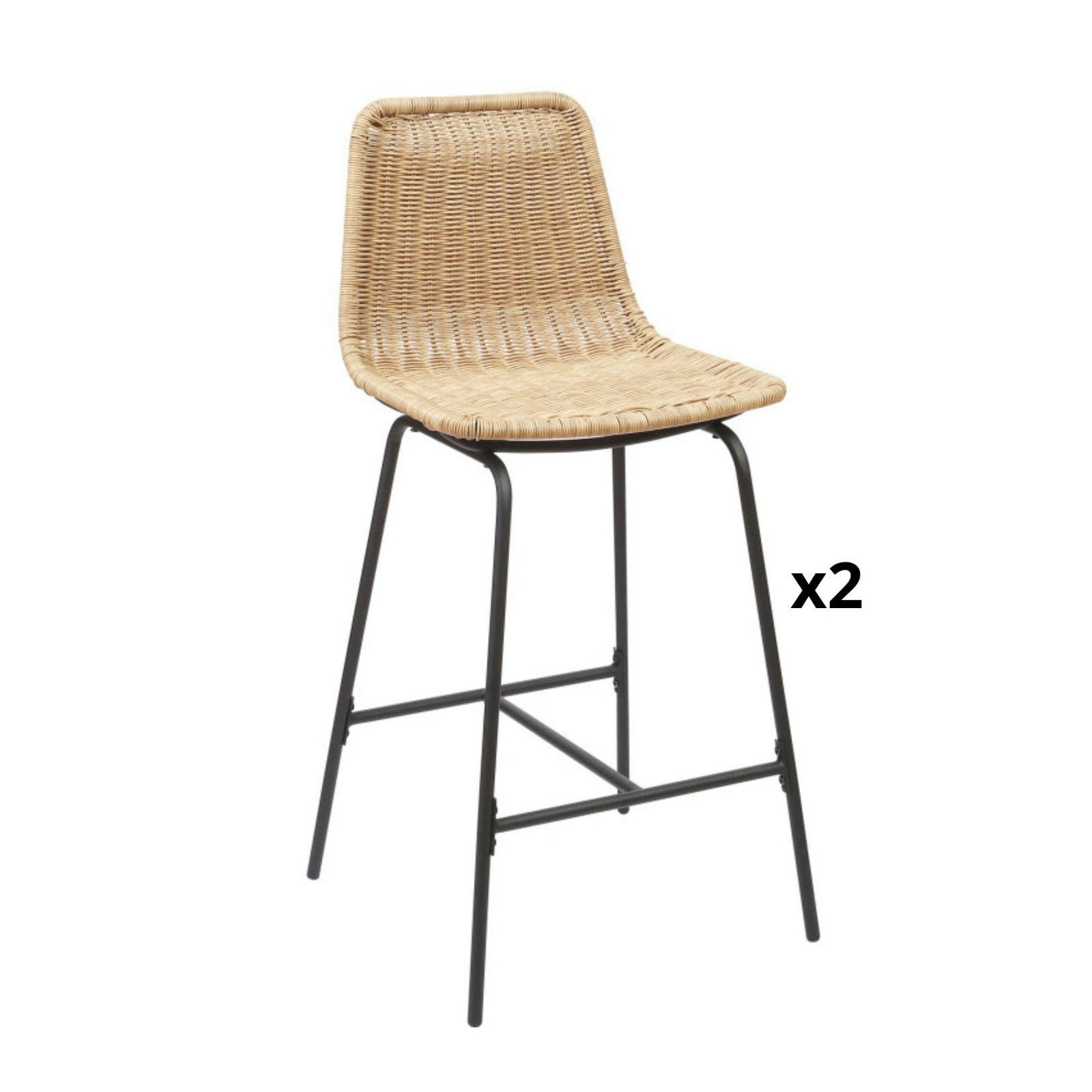 KUTA - Lot de 2 tabourets d'ilot 65 cm en métal et rotin synthétique  Naturel
