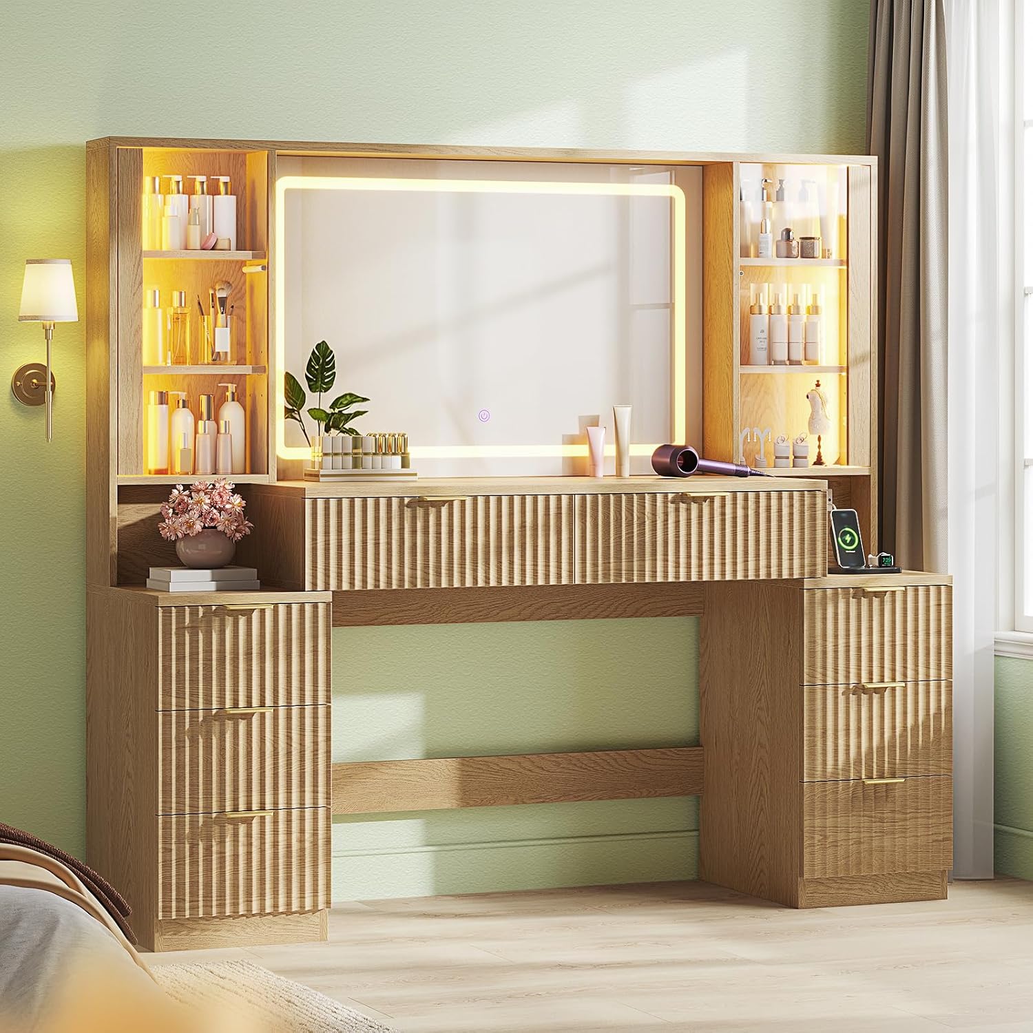 Big Vanity, Fluted Wood Makeup Vanity Desk with Mirror and Sound Sync LED Lights, Large Vanity Dressing Table, 8 Drawers, Charging Station for Girls, Women (Oak, 59.1 Width)