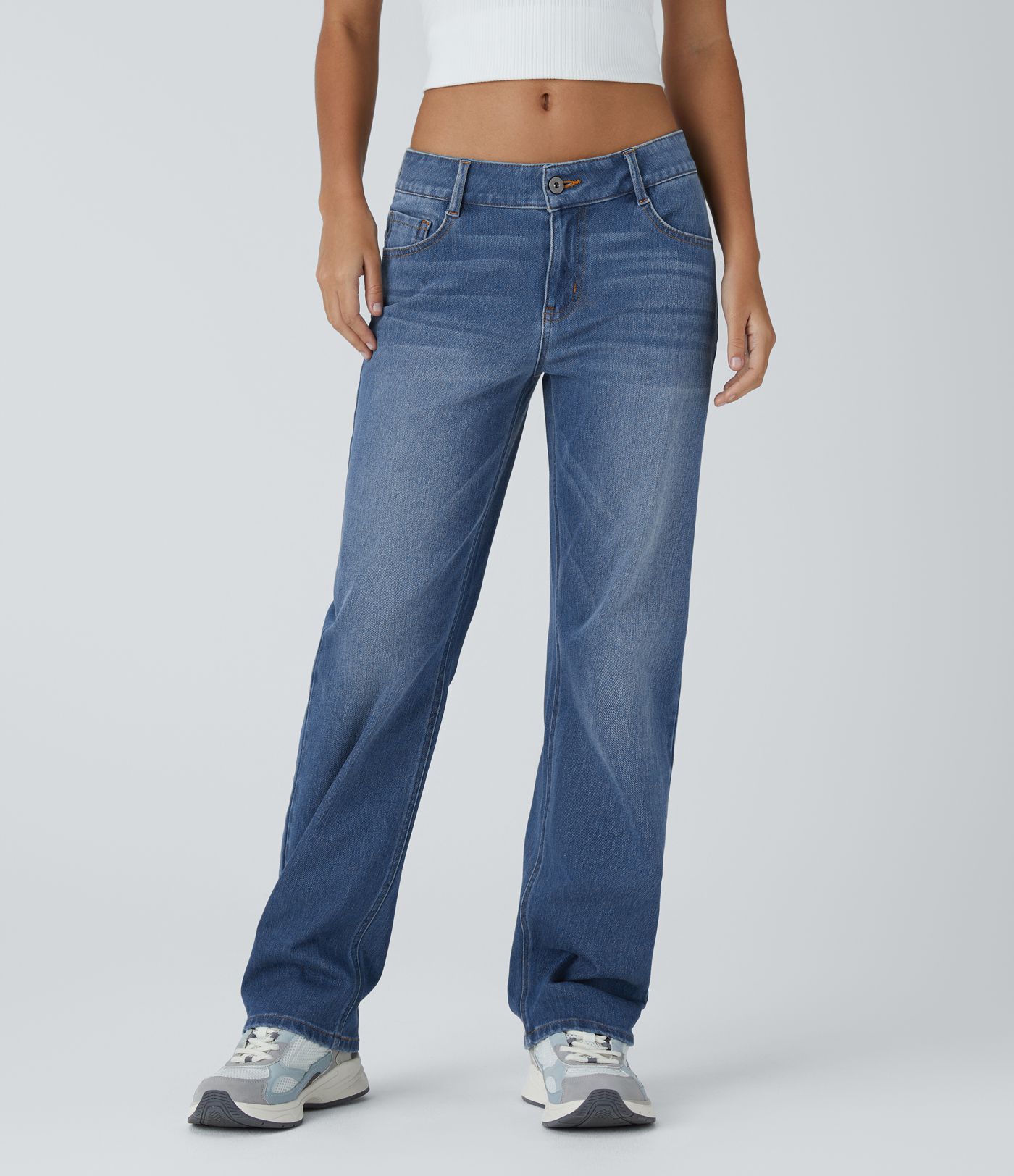 Jean décontracté Halara Flex™ taille basse à jambes droites avec bouton, fermeture éclair, multiples poches, effet délavé en maille extensible