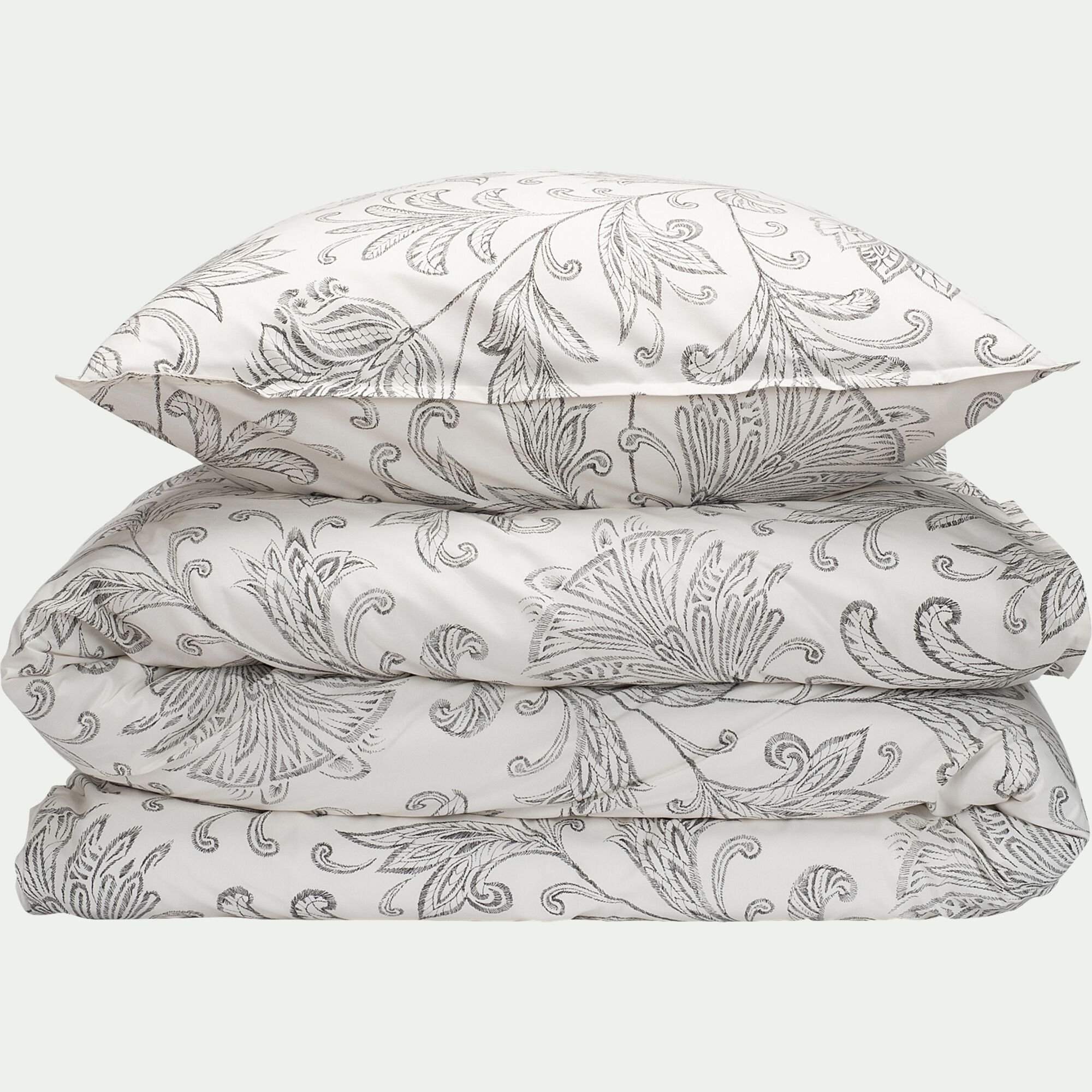 RANI - Housse de couette 240x220cm et 2 taies d'oreiller 63x63cm en percale de coton motif floral - blanc
