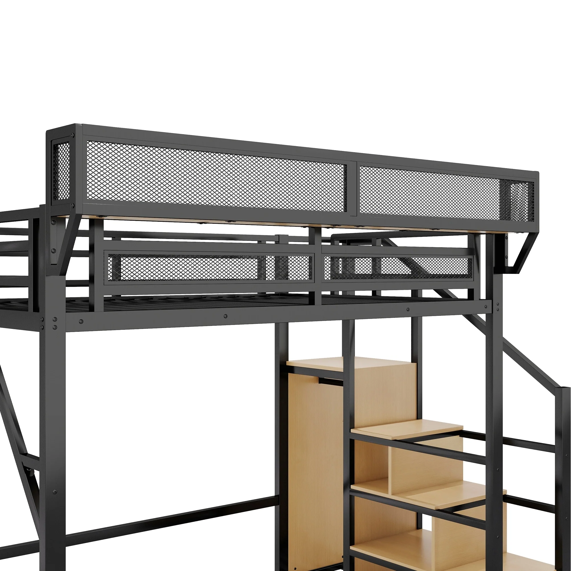 Full Size Loft Bed with Stairs, Metal Full Loft Bed with Storage Shelves, High Loft Bed with Wardrobe for Kids Teens