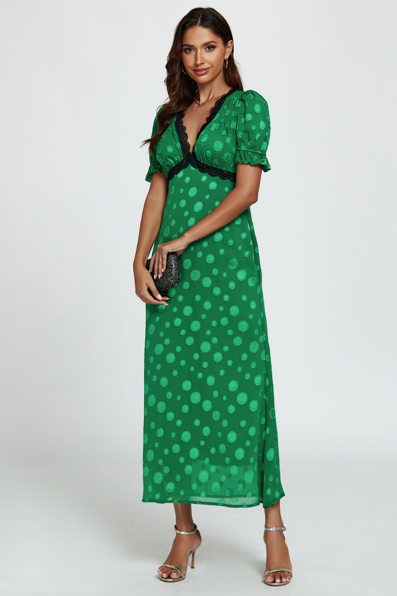 FS Collection Polka Dot Jacquard Lace Trim Midi Dress In Green