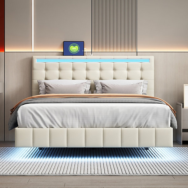 Lit 140 X 200 Cm Avec éclairage LED Et Tête De Lit Réglable, Sommier à Lattes,Tissu En Lin, Beige