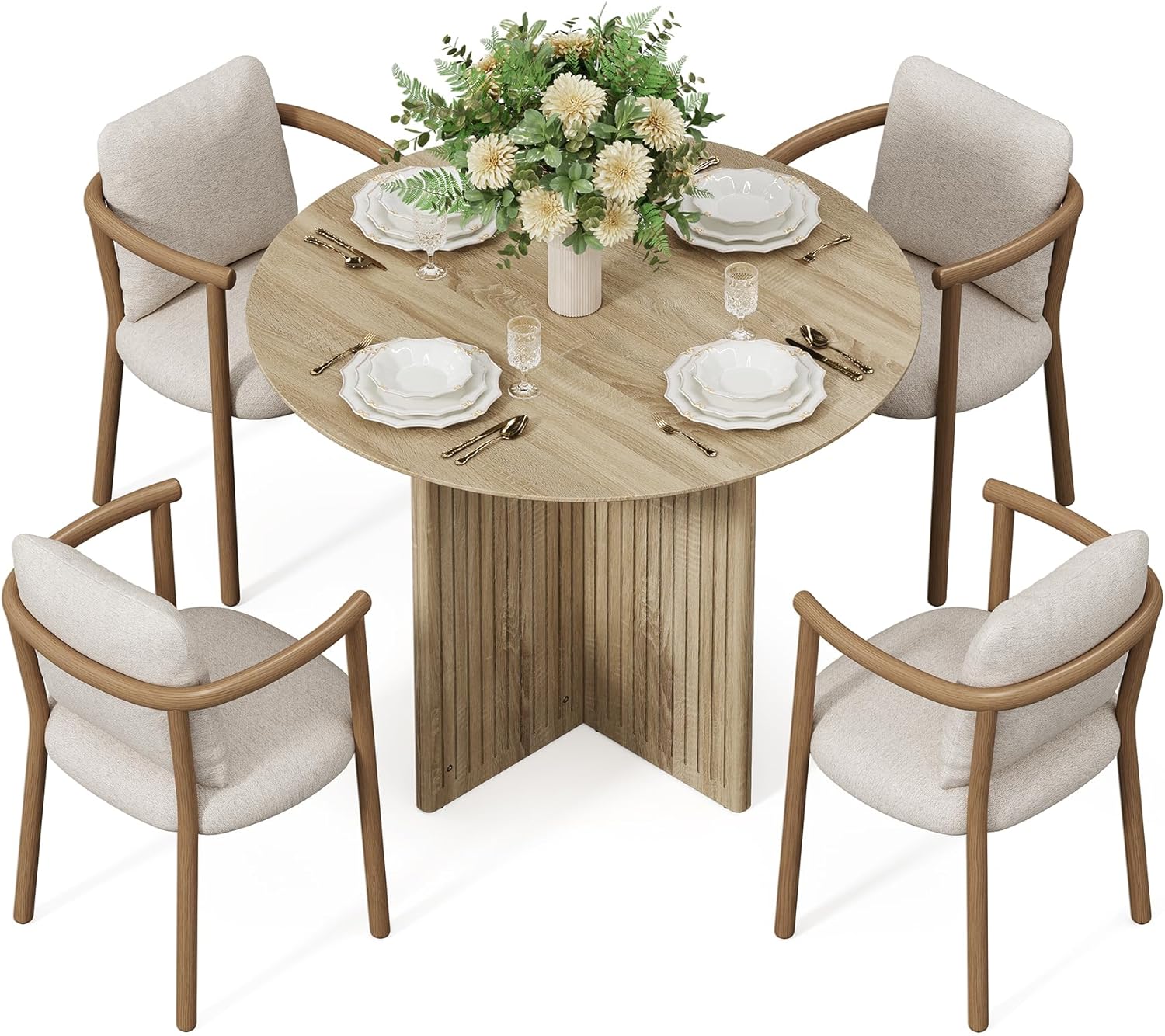 LITTLE TREE Round Dining Table for 4-6 People, Modern Wooden Kitchen Table with Pedestal Base, Small Dinner Table for Dining Room, Kitchen, Living Room