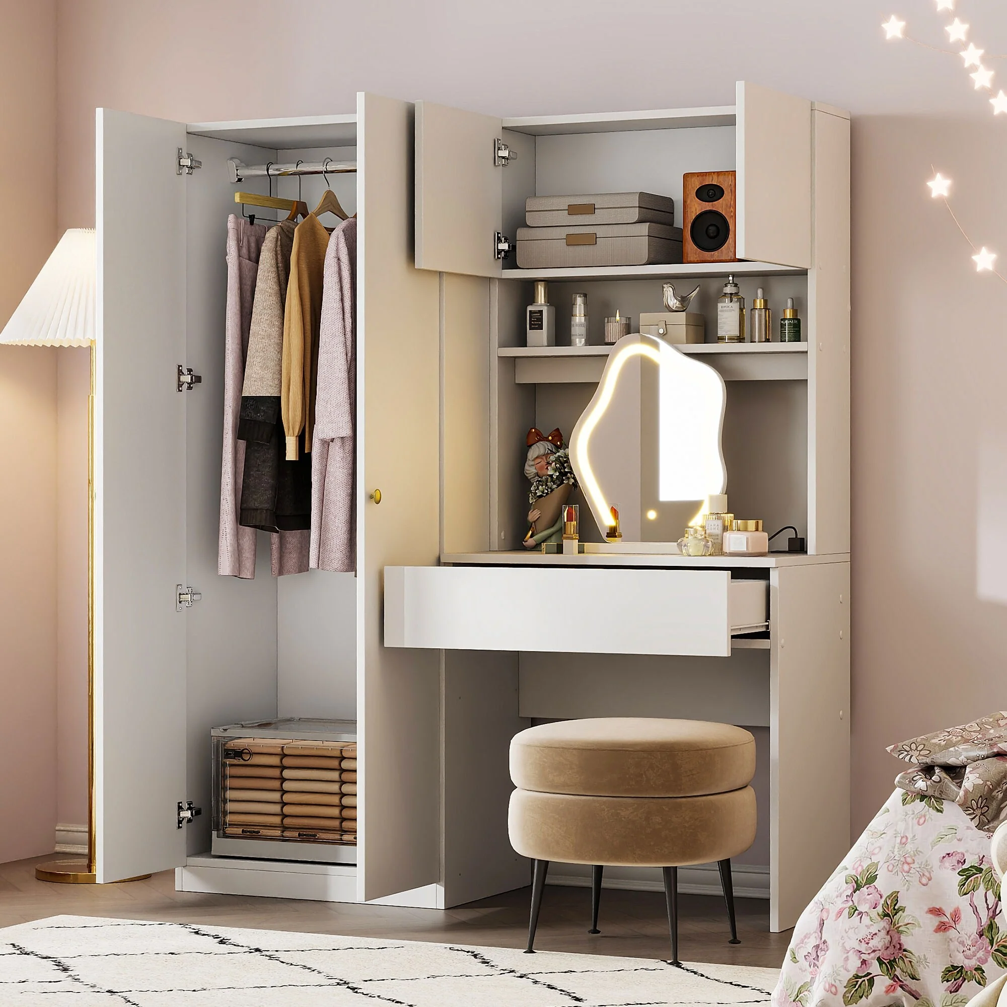 4-in-1 Wardrobe Closet with Makeup Vanity Desk Set, Bedroom Armoire with Lighted Mirror, Double Door Armoire
