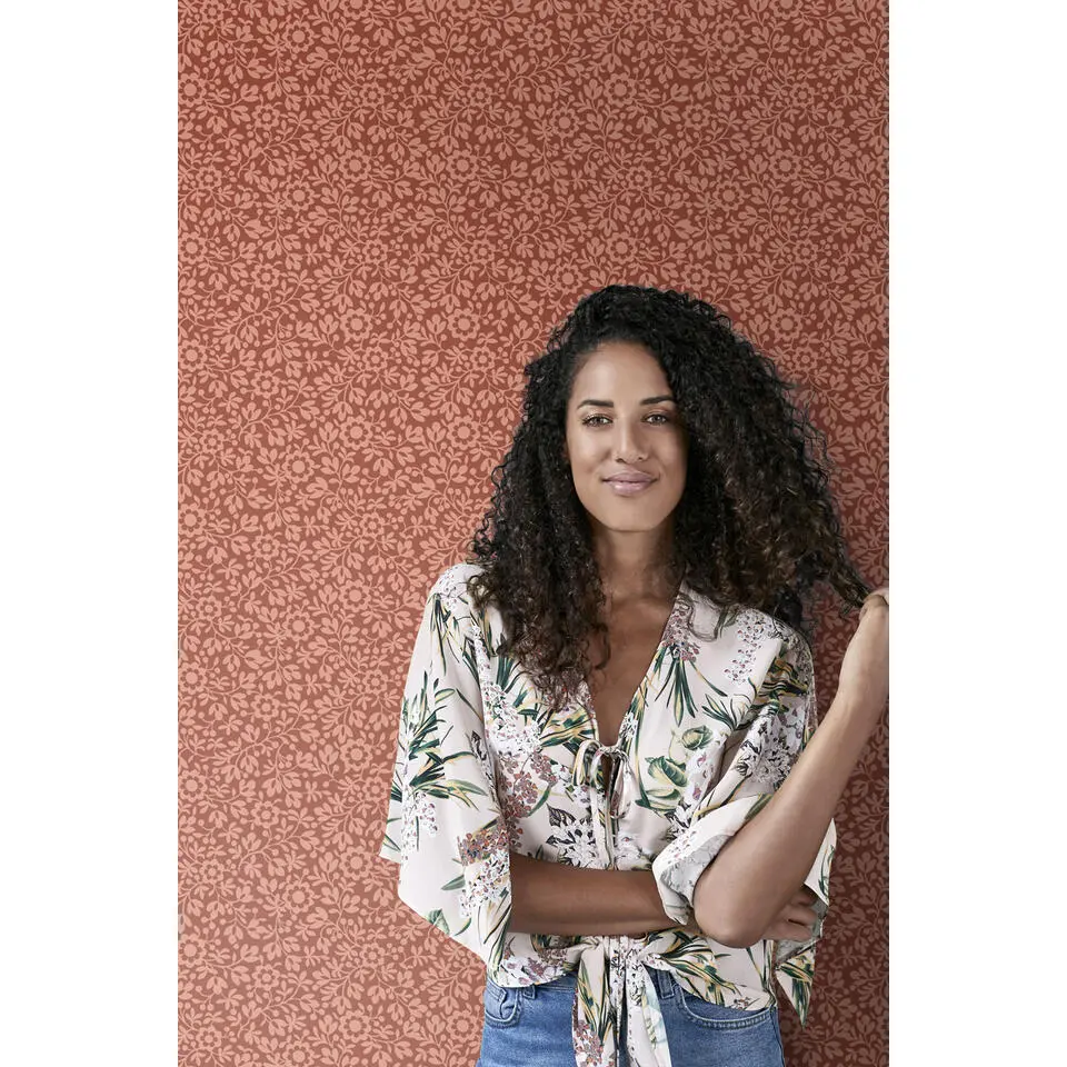 ESTAhome behang bloemetjes terracotta - 50 x 900 cm