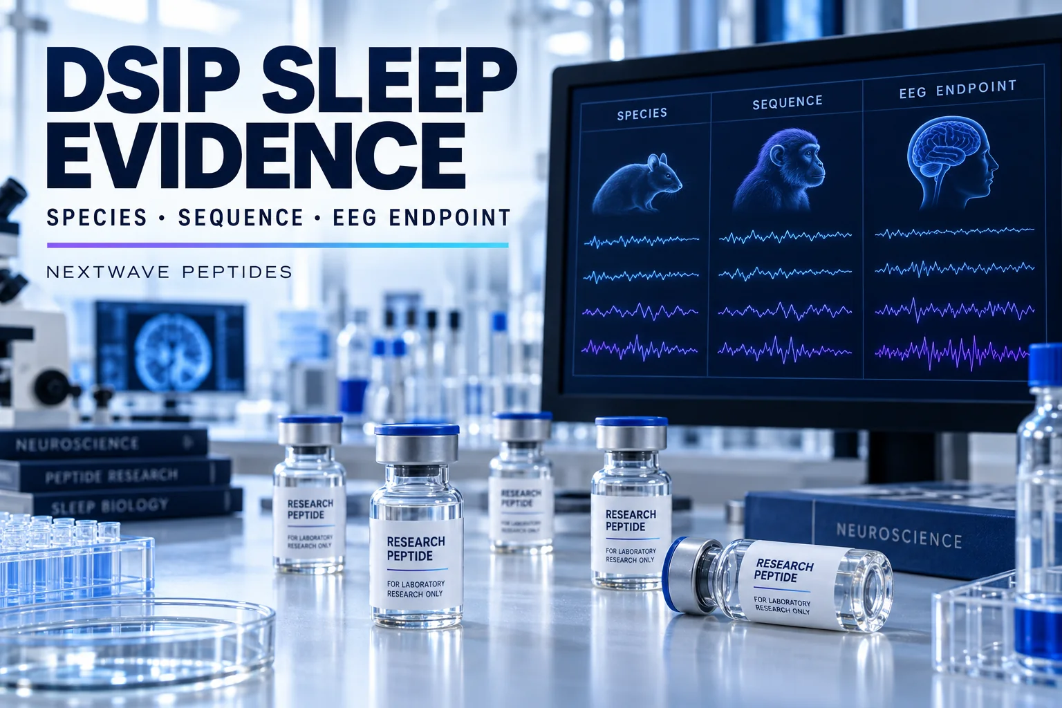 DSIP research vials beside an illustrative laboratory EEG display comparing species, sequence, and endpoint variables.