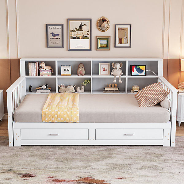 Lit canapé extensible bois massif 90 180 par 190 cm avec rangement prise USB deux tiroirs sommier multifonction blanc