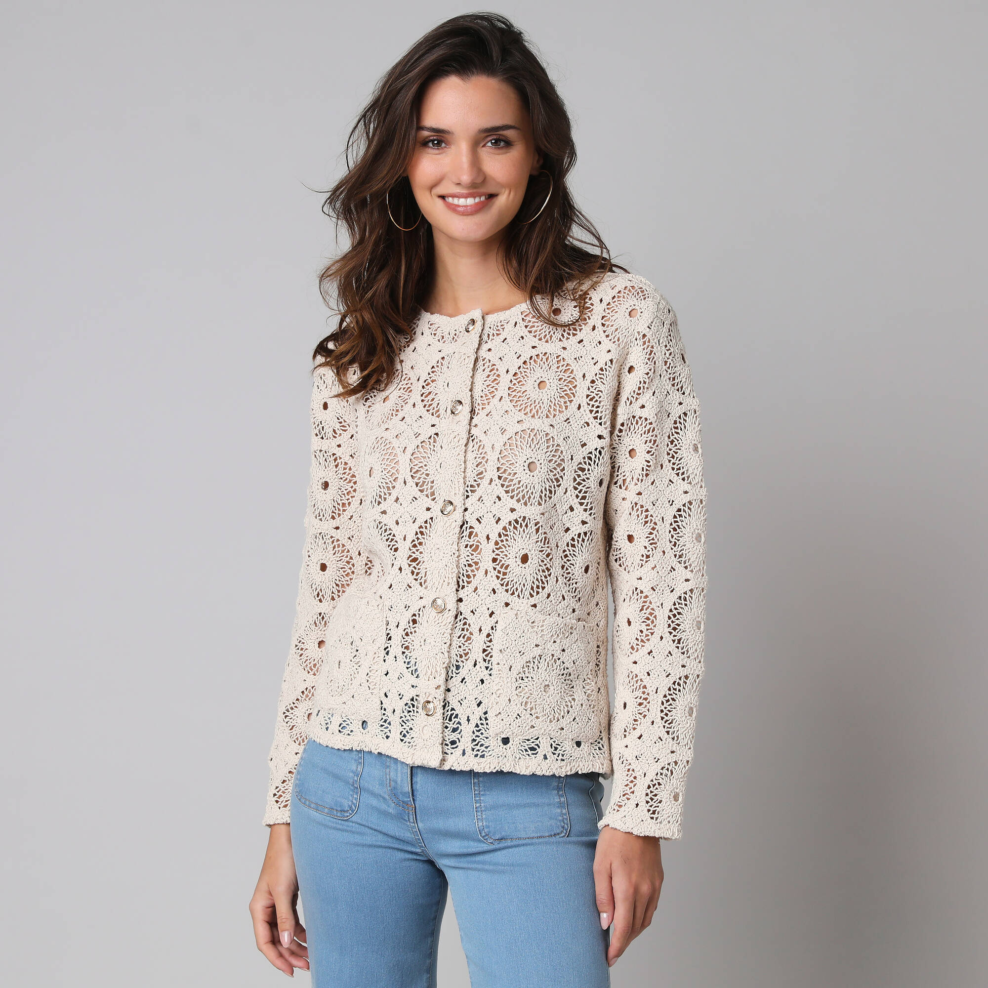 Veste boutonnée à poches, en macramé
