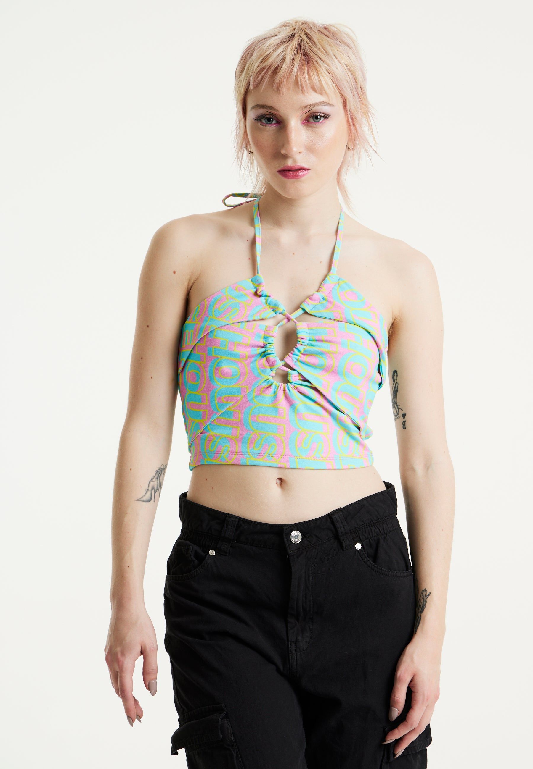 House of Holland Logo Printed Halter Neck Crop Top
