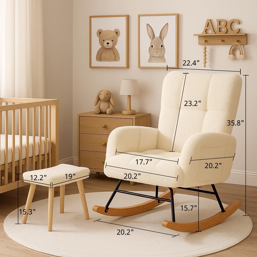 COMHOMA Nursery Rocking Chair with Ottoman,Teddy Glider Rocking Chair,Accent Chair with High Backrest Reading Chair for Adult,Nursery,Bedroom,Living Room,Offices(Beige with Ottoman)