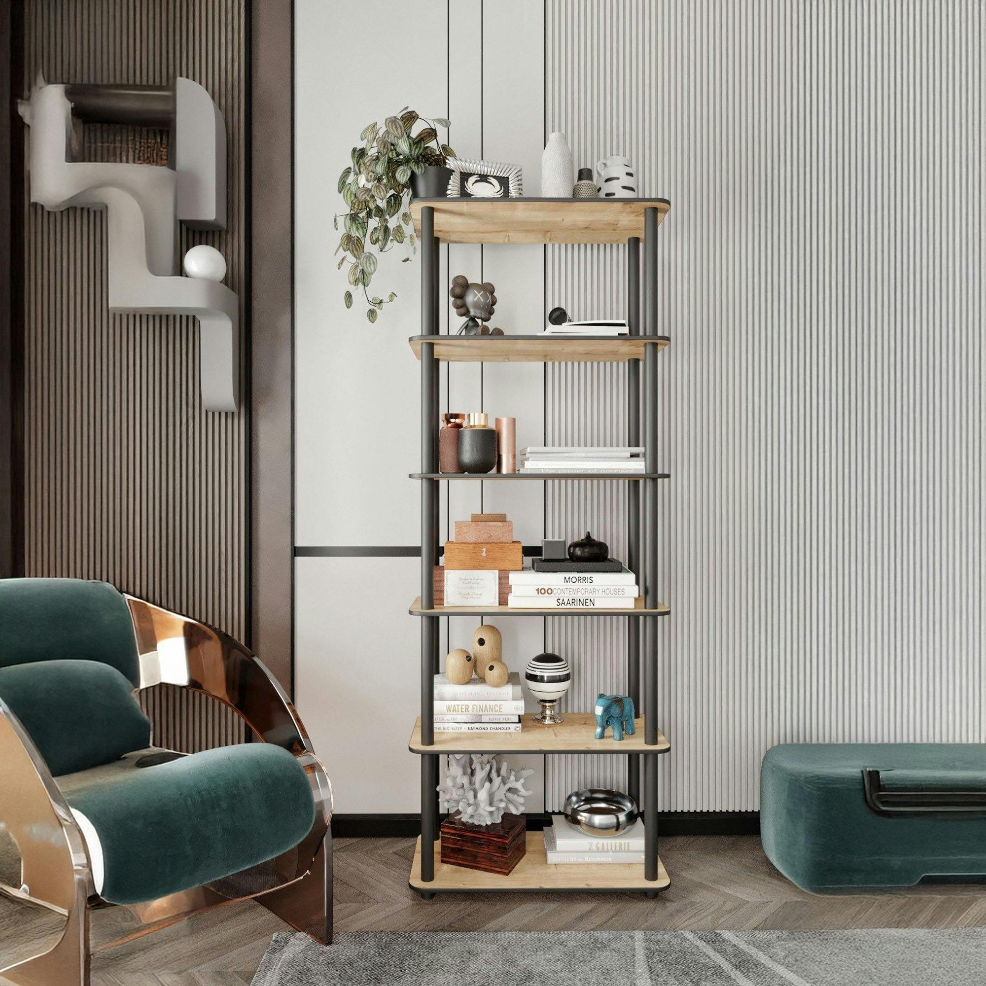 Bibliothèque étroite moderne effet bois - 6 étagères JENA