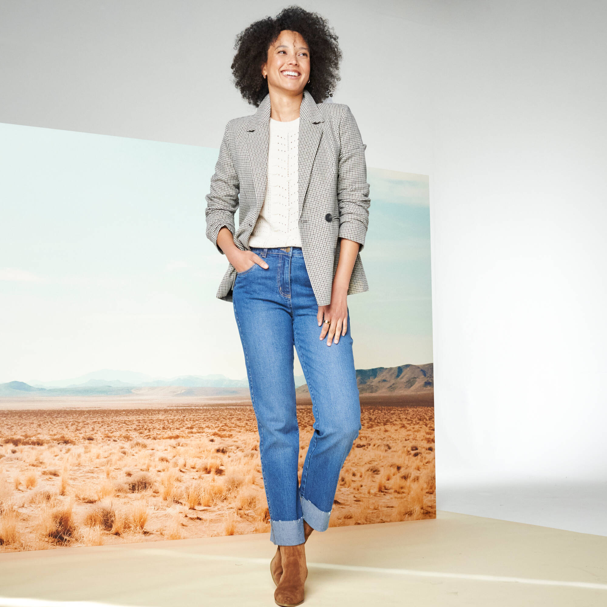 Veste blazer double boutonnage, imprimé pied-de-poule