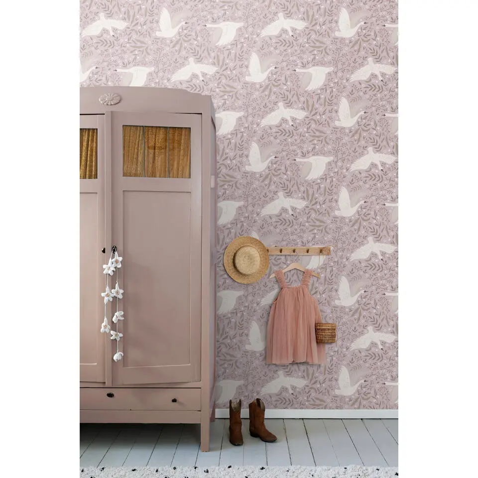 ESTAhome behang zwanen lila paars - 53 cm x 10.05 m