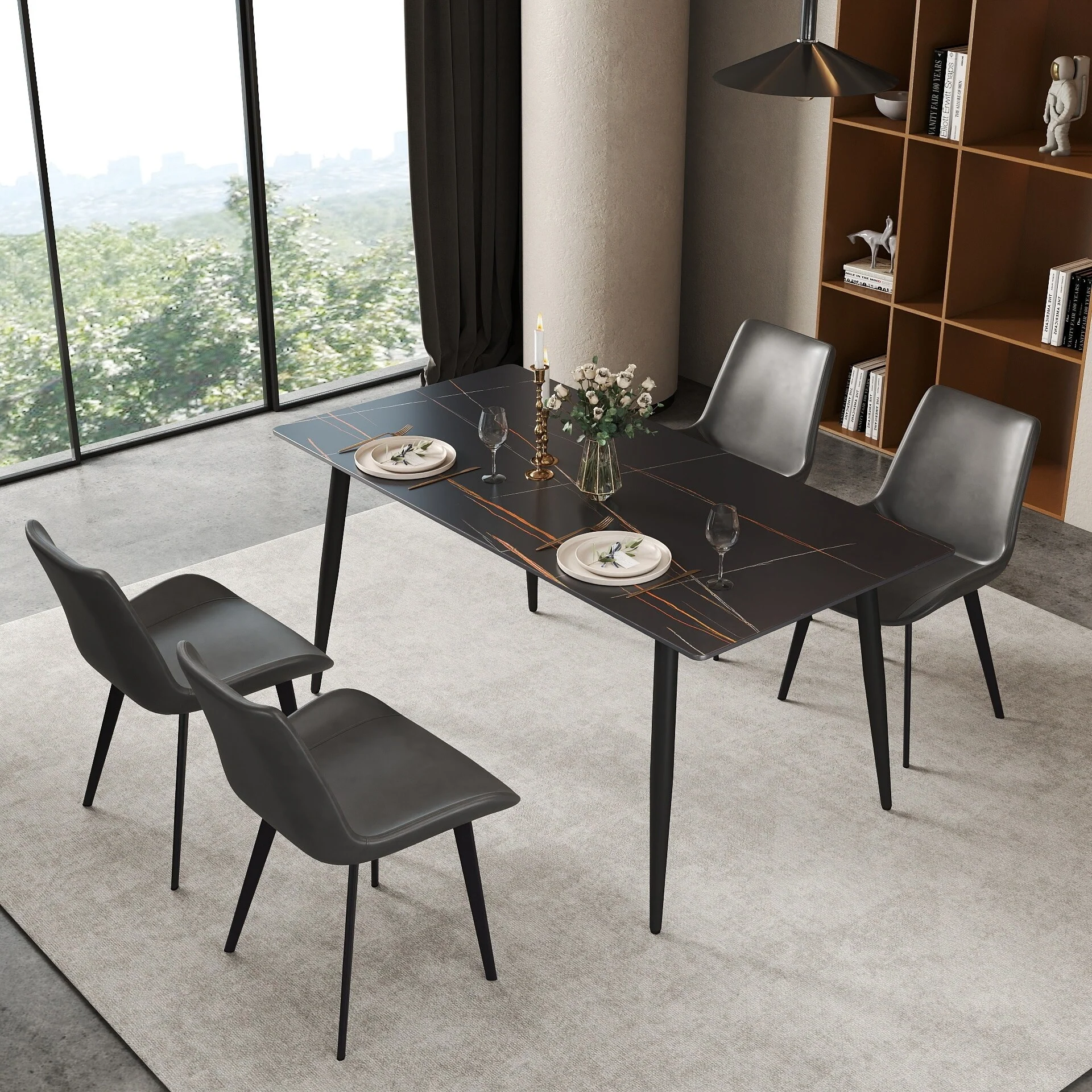 63in Dining Table for 4 Kitchen & Dining Room Table, Modern Sintered Stone Table with Metal Legs