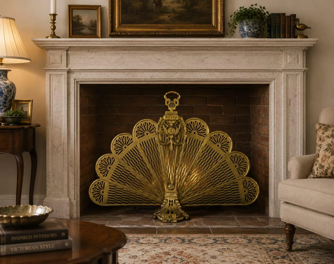 Antique Victorian Brass Peacock Fan Fireplace Screen