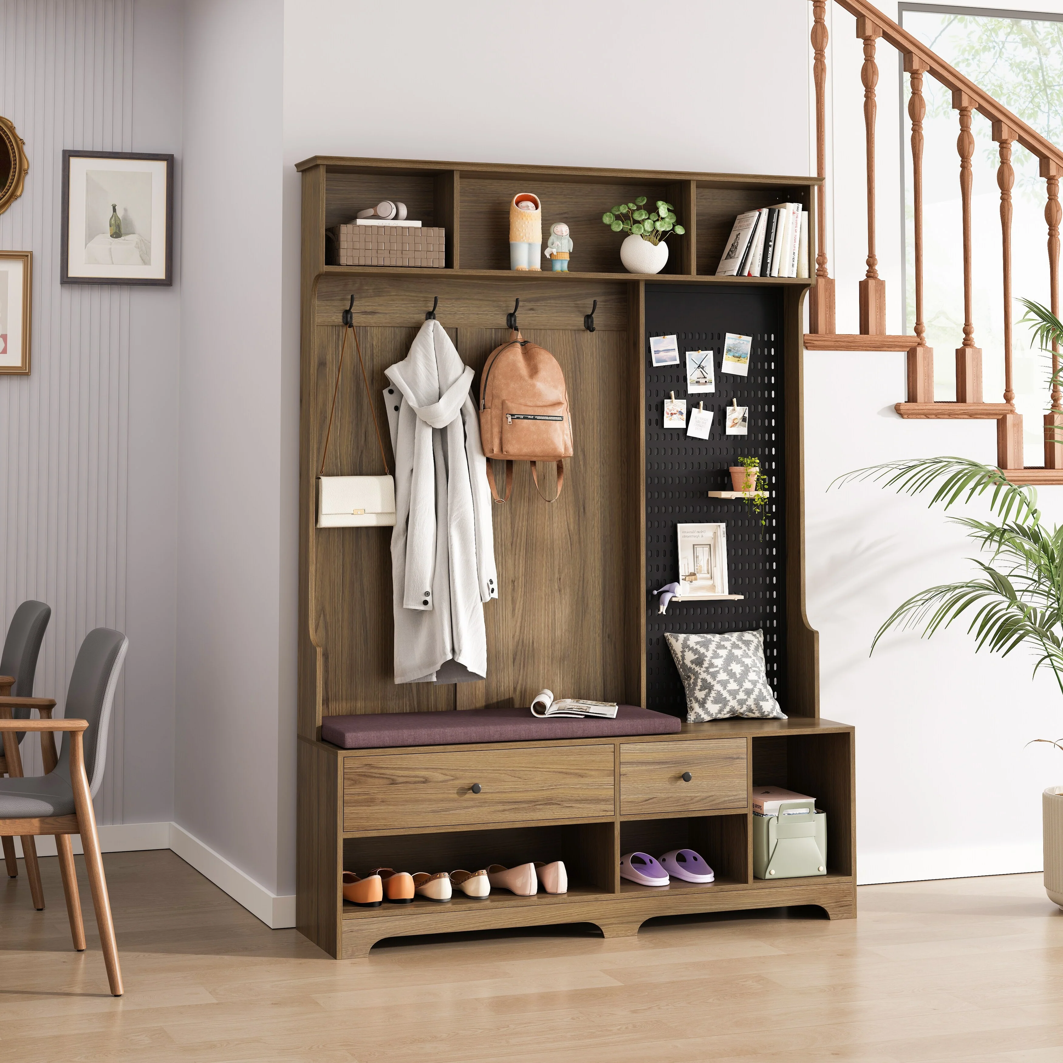 Versatile Hallway Hall Tree with Removable Linen-Cushioned Bench,Coat Rack,Ample Storage Shelves,and Customizable DIY Pegboard