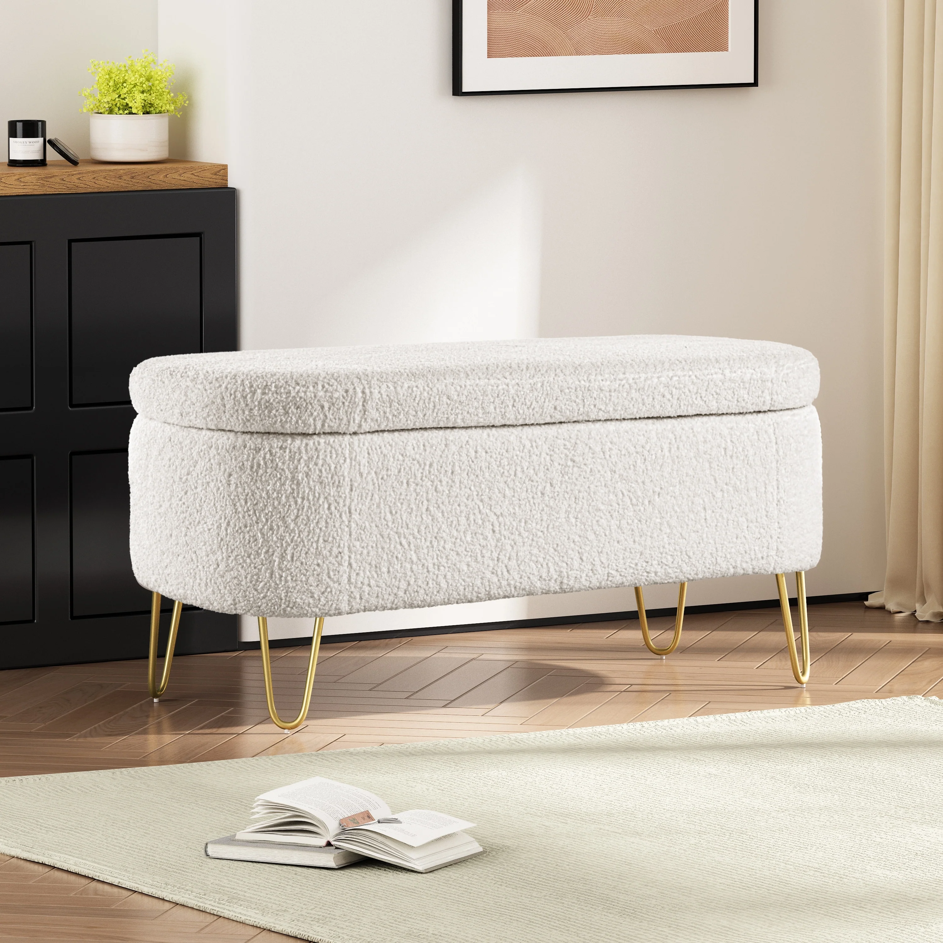 Oval Storage Bench for Living Room Bedroom End of Bed, Upholstered Storage Ottoman Entryway Bench With Metal Legs