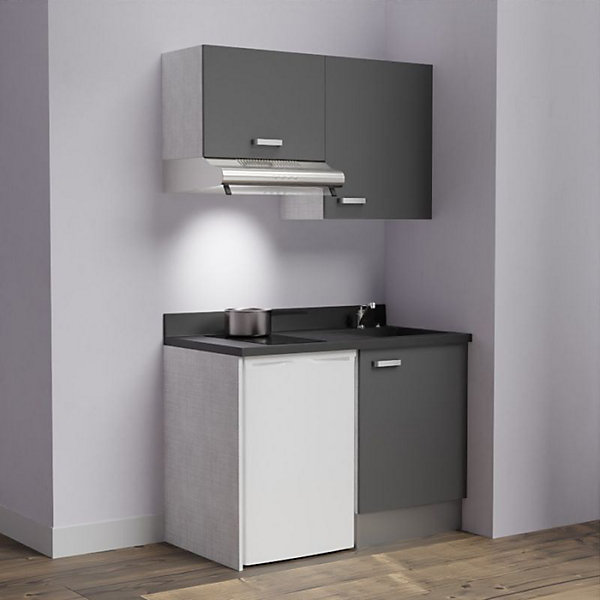 Kitchenette K01 - 120 cm - façades Gris - Plan monobloc en quartz coloris Nero évier à droite