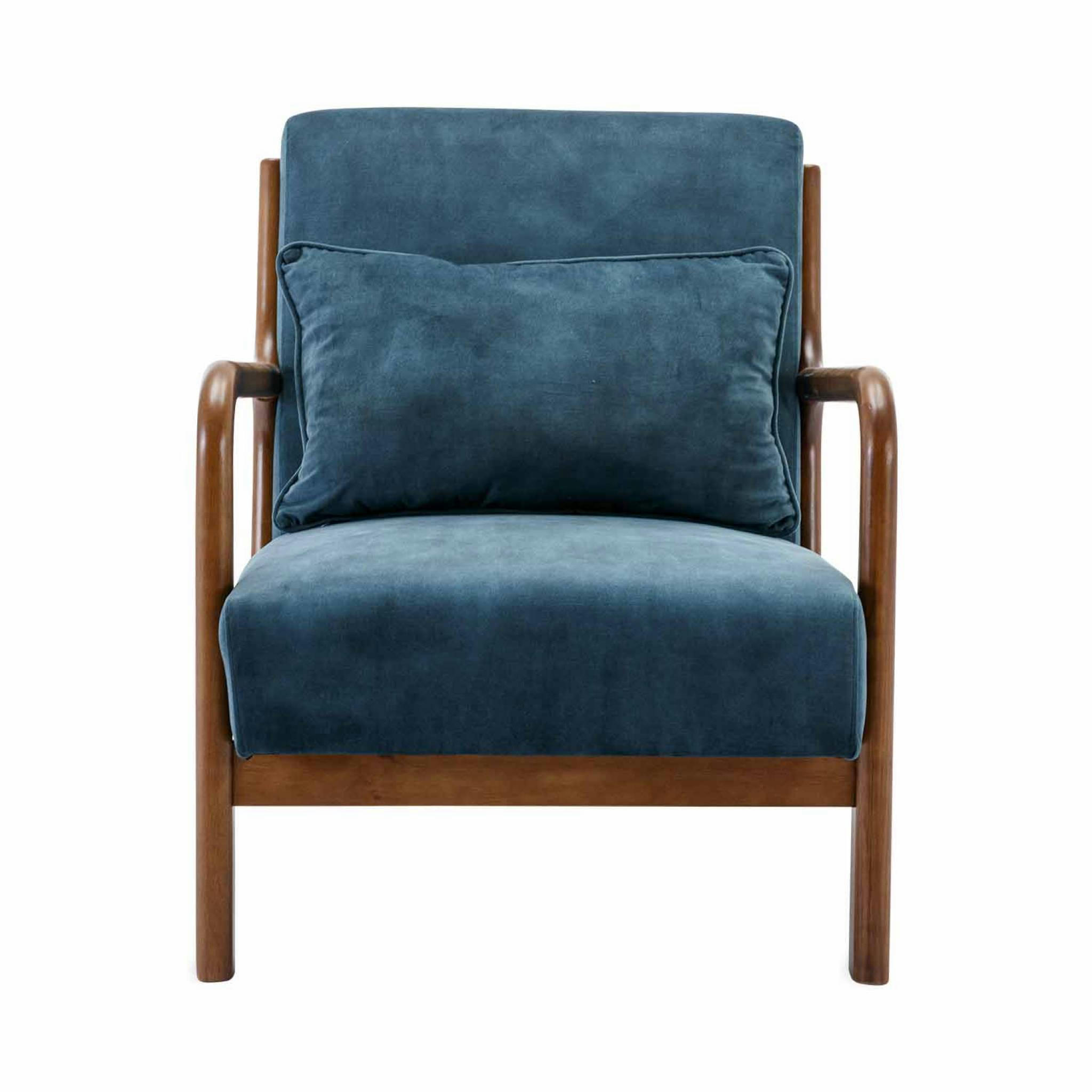 LORENS - Fauteuil velours bleu pétrole, hévéa teinté