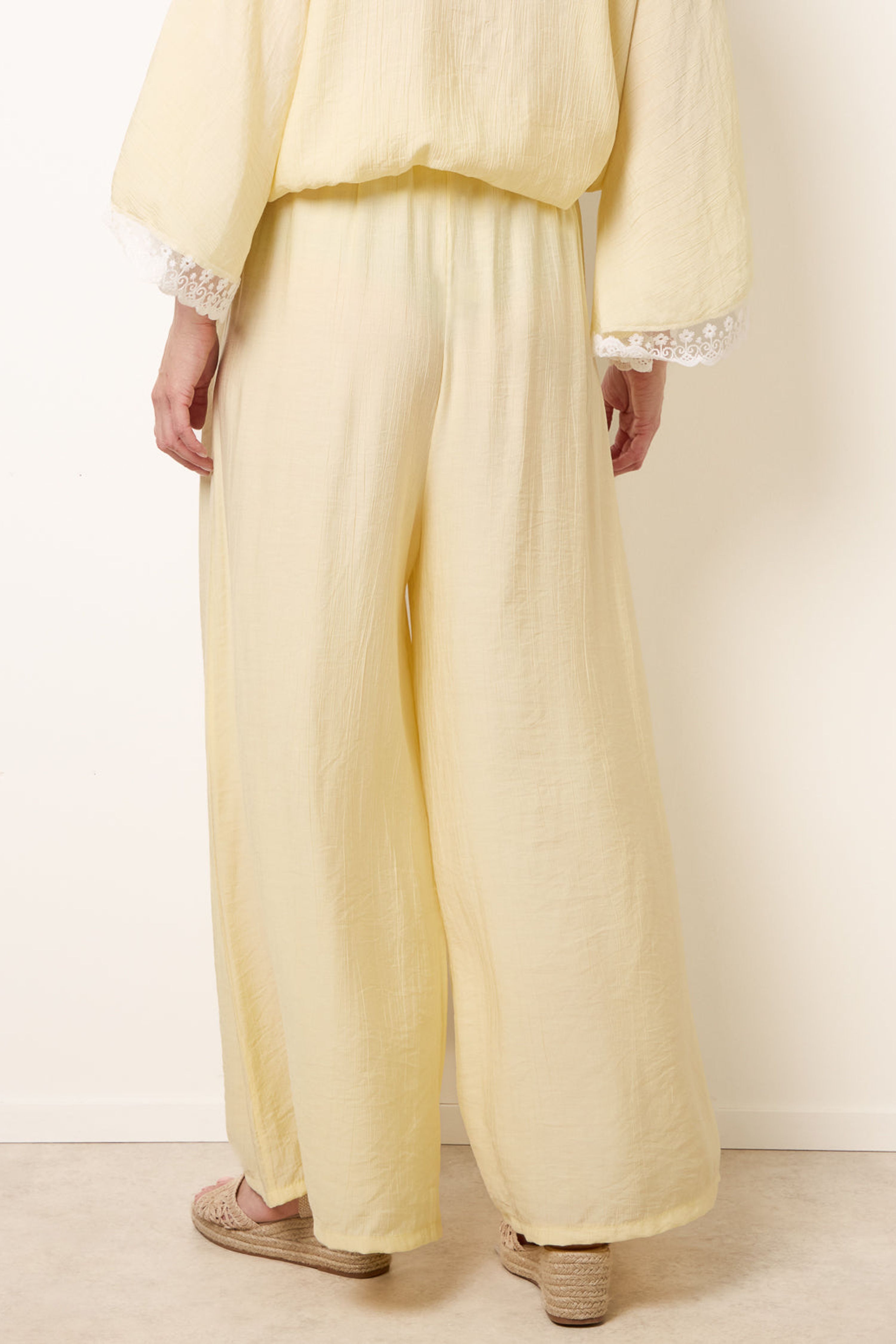 Blue Vanilla Lemon Crinkle Viscose Wide Leg Trousers