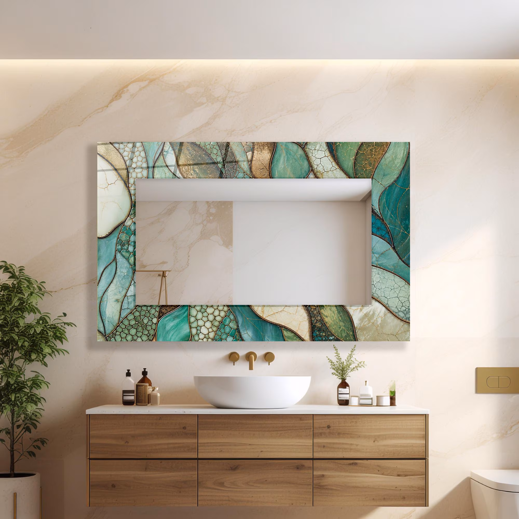 Bathroom Entryway Wall Mirror – Sage Green Abstract Tempered Glass Vanity Decor