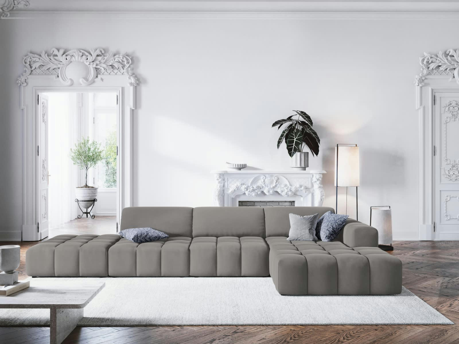 LUC - Canapé d'angle droit 5 places en tissu velours gris clair