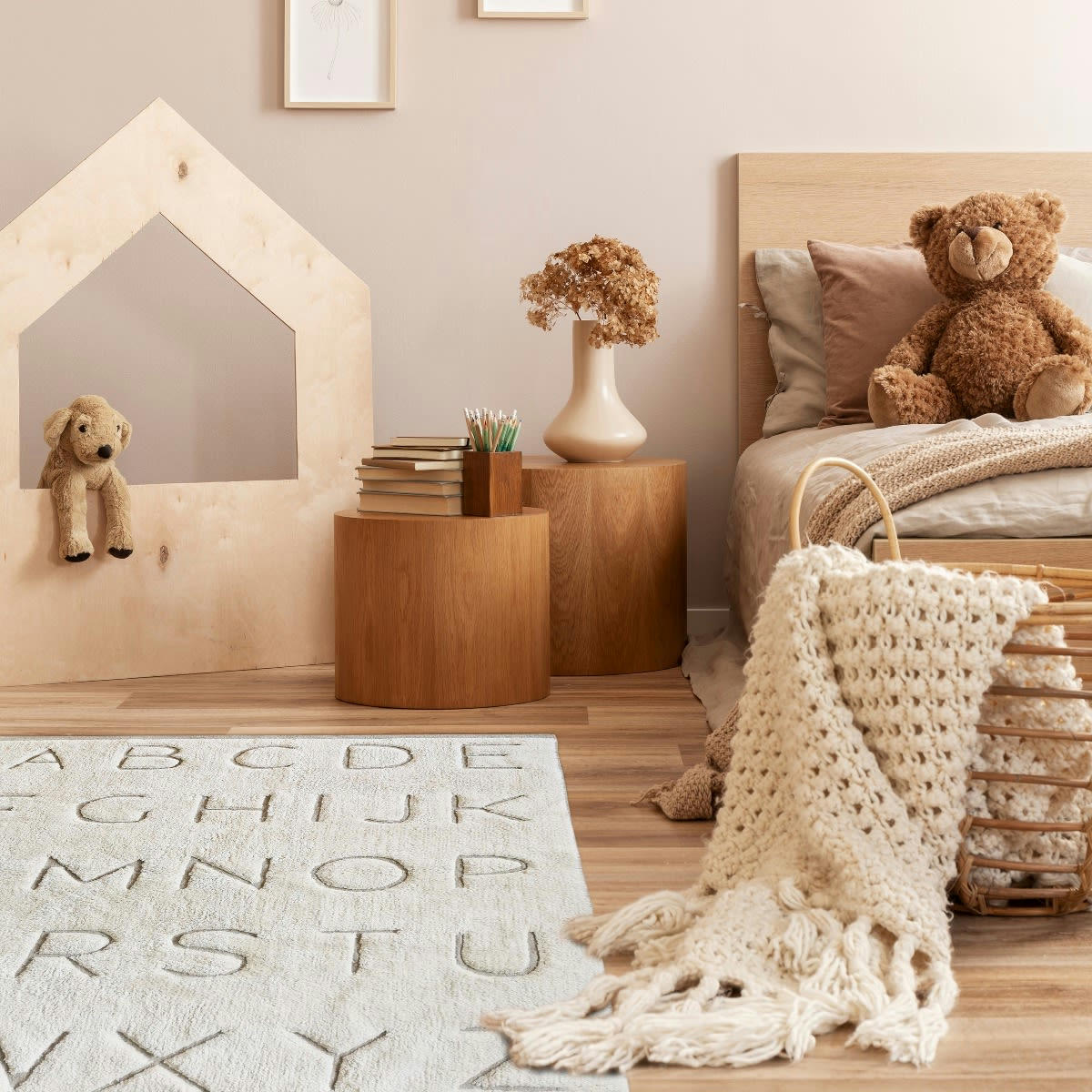 KIDS - Tapis 100% coton motif alphabet cisaillé-relief naturel 100x150