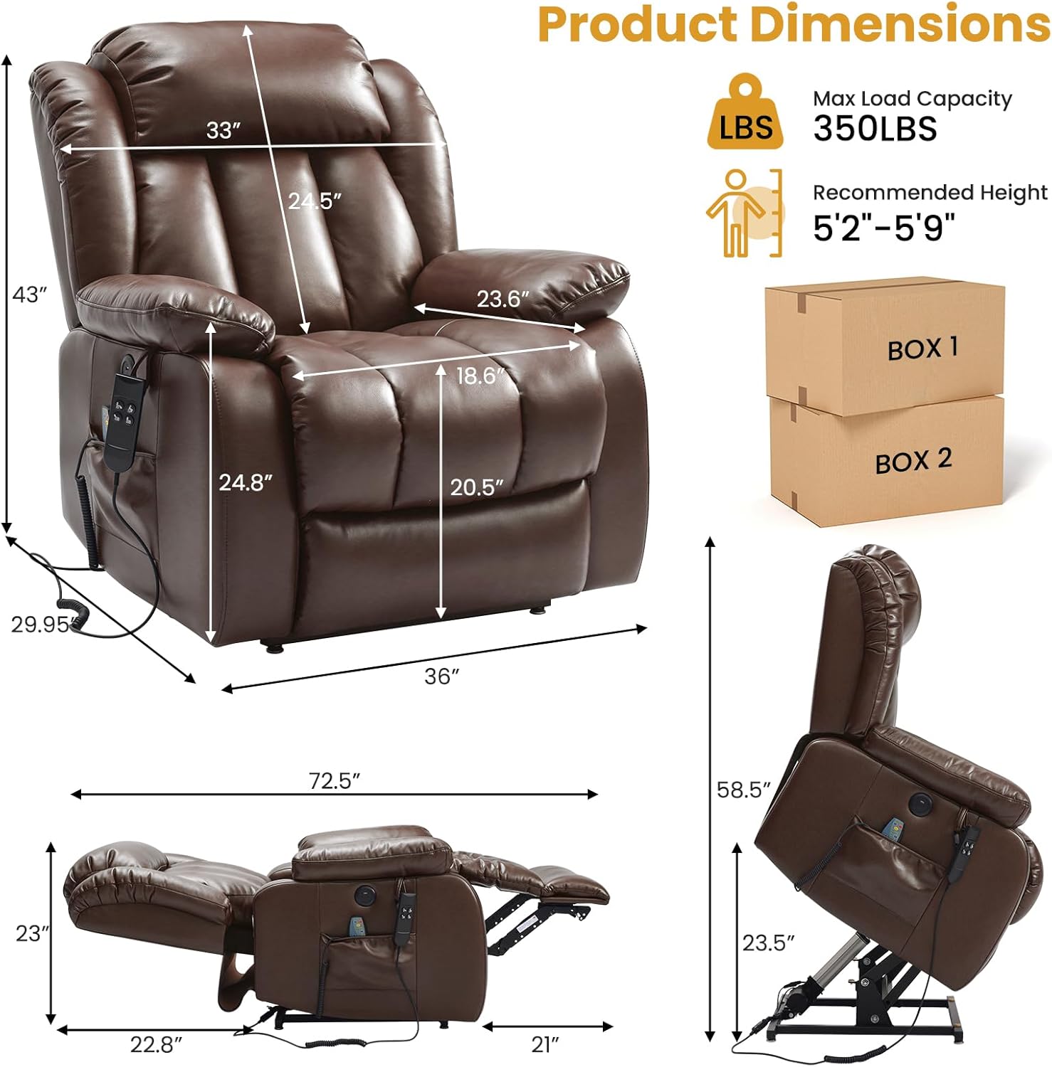 PARKOL Dual Motor Power Lift Recliner Chair for Elderly, 180-Degree Infinite Position Lay Flat Leather Recliner Chairs, with Massage and Heating, USB & Type-C Port and Remote Brown