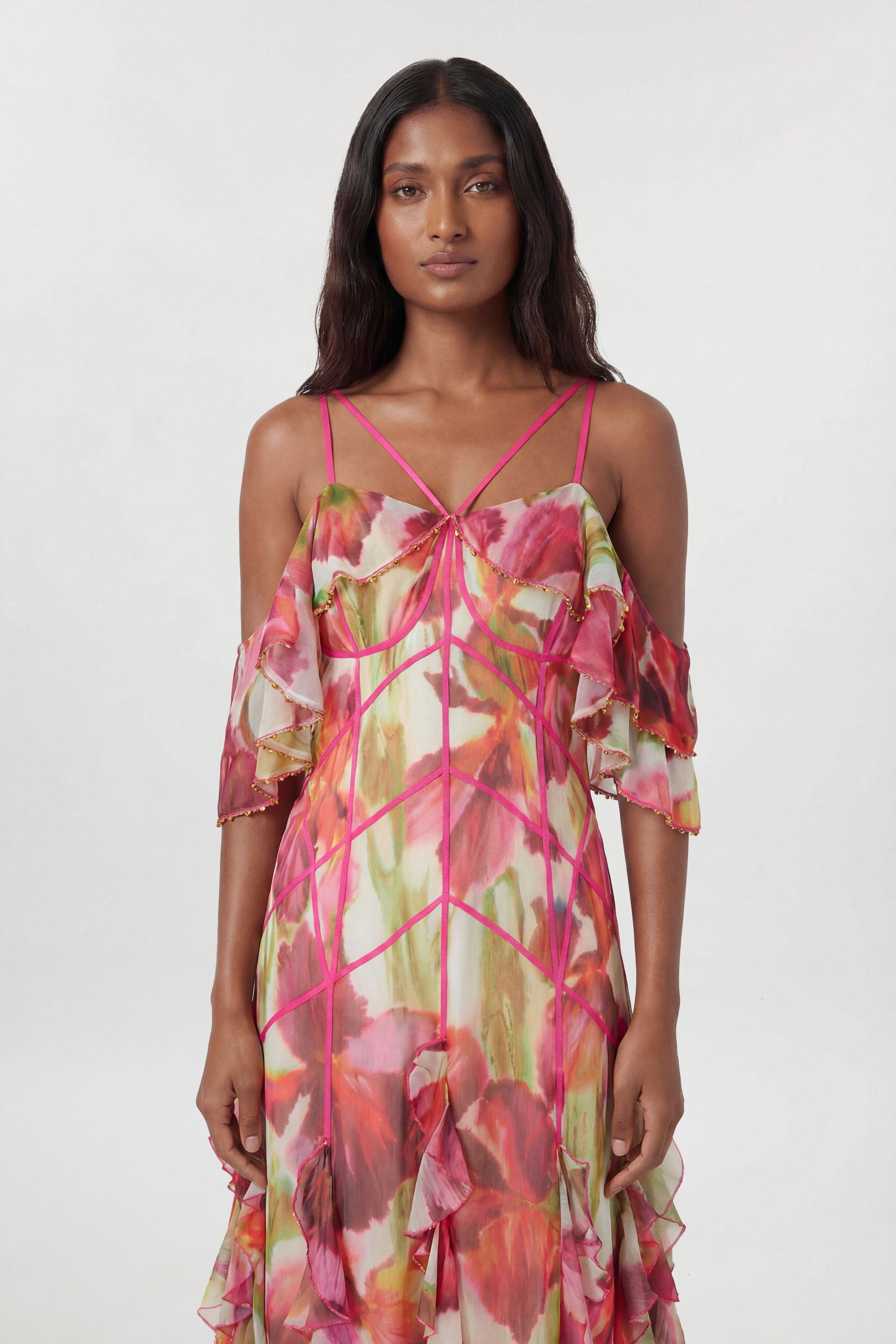 KarenMillen Crinkle Floral Print Beaded Cold Shoulder Maxi Dress