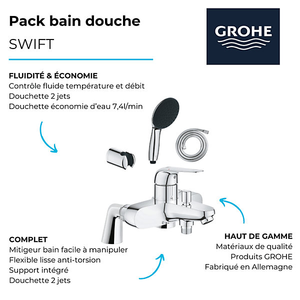 Pack mitigeur bain douche mécanique GROHE Swift   douchette ronde2 jets   flexible   support