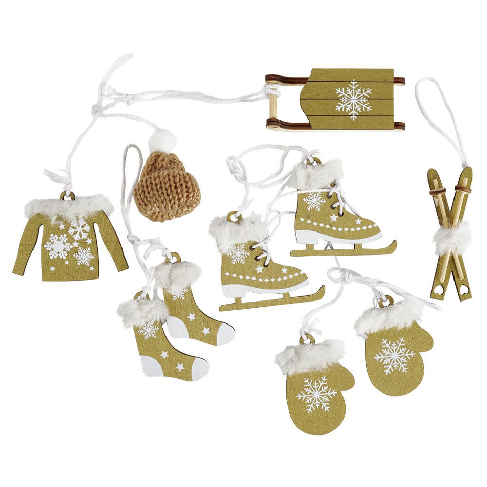 Décoration de No&euml;l à suspendre traineau et vêtements bois x6 (3 modèles)