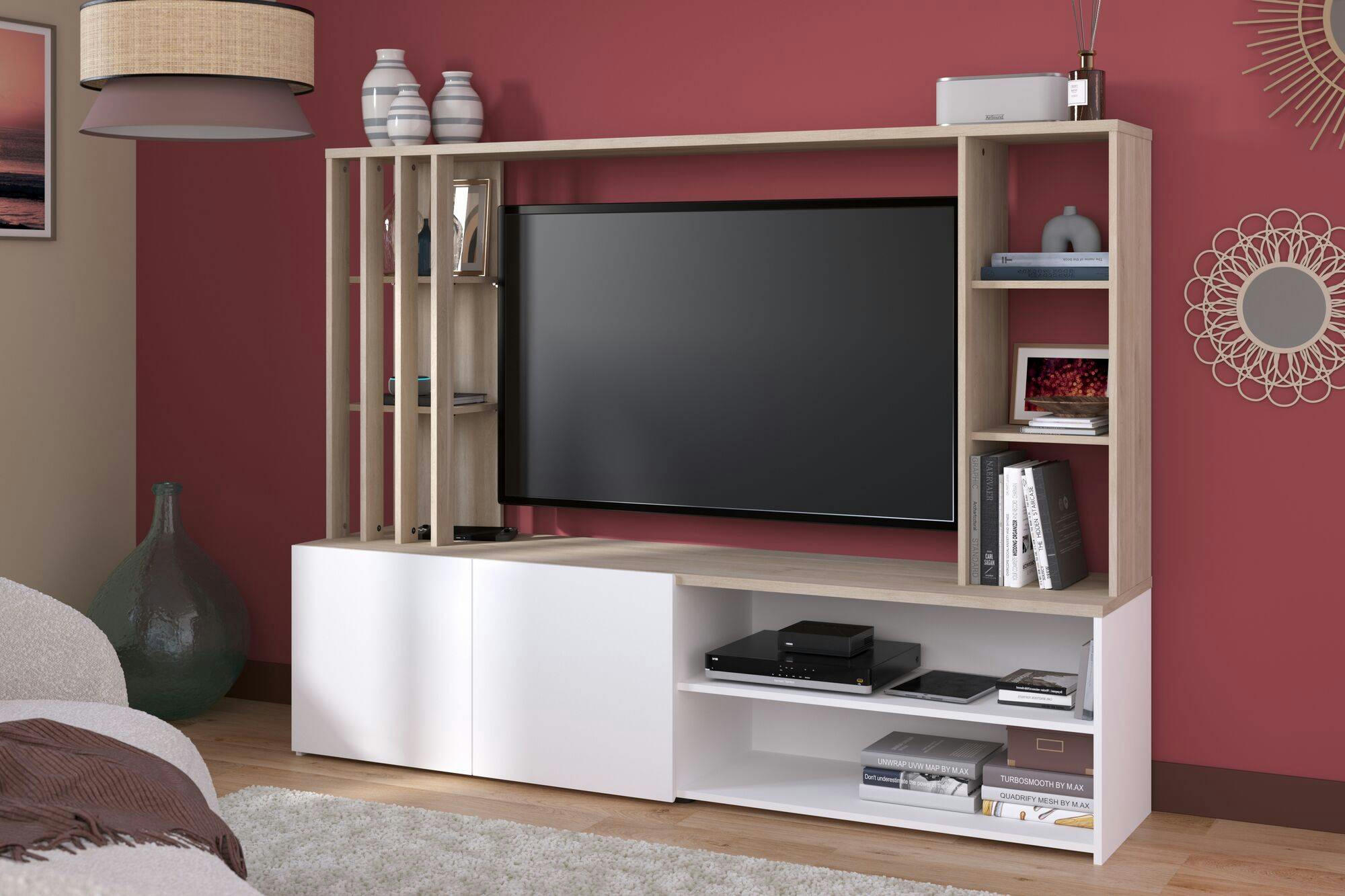 PRIM - Meuble Tv effet bois et blanc