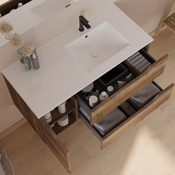 Meuble de salle de bain 100cm avec vasqueà droite - sans miroir - 2 tiroirs et 1 placard - tabaco - ZARZA