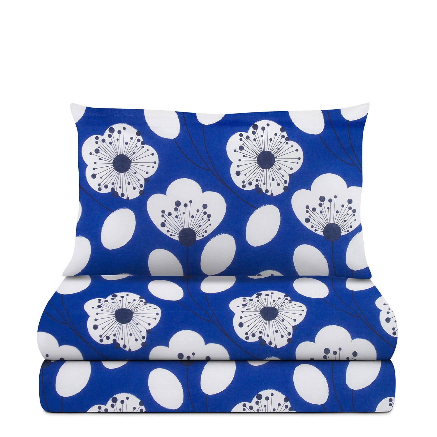 Completo letto singolo blu fiori bianchi