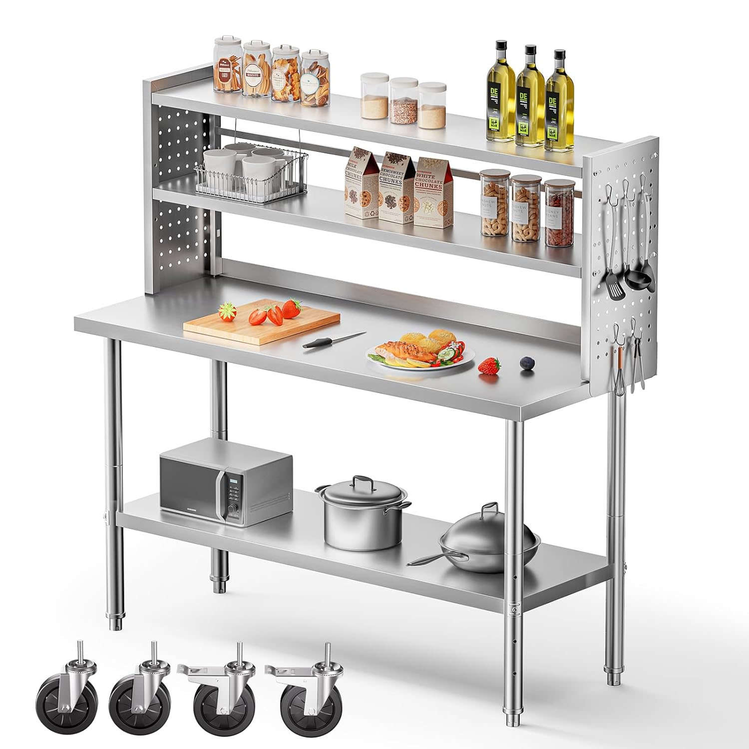 CAMMOO 60x24 in NSF All Stainless Steel Table with Adjustable Shelf & Pegboard Panels & Casters, Kitchen Prep Table Commercial Heavy-Duty Worktable with Large Space Storage for Restaurant Garages