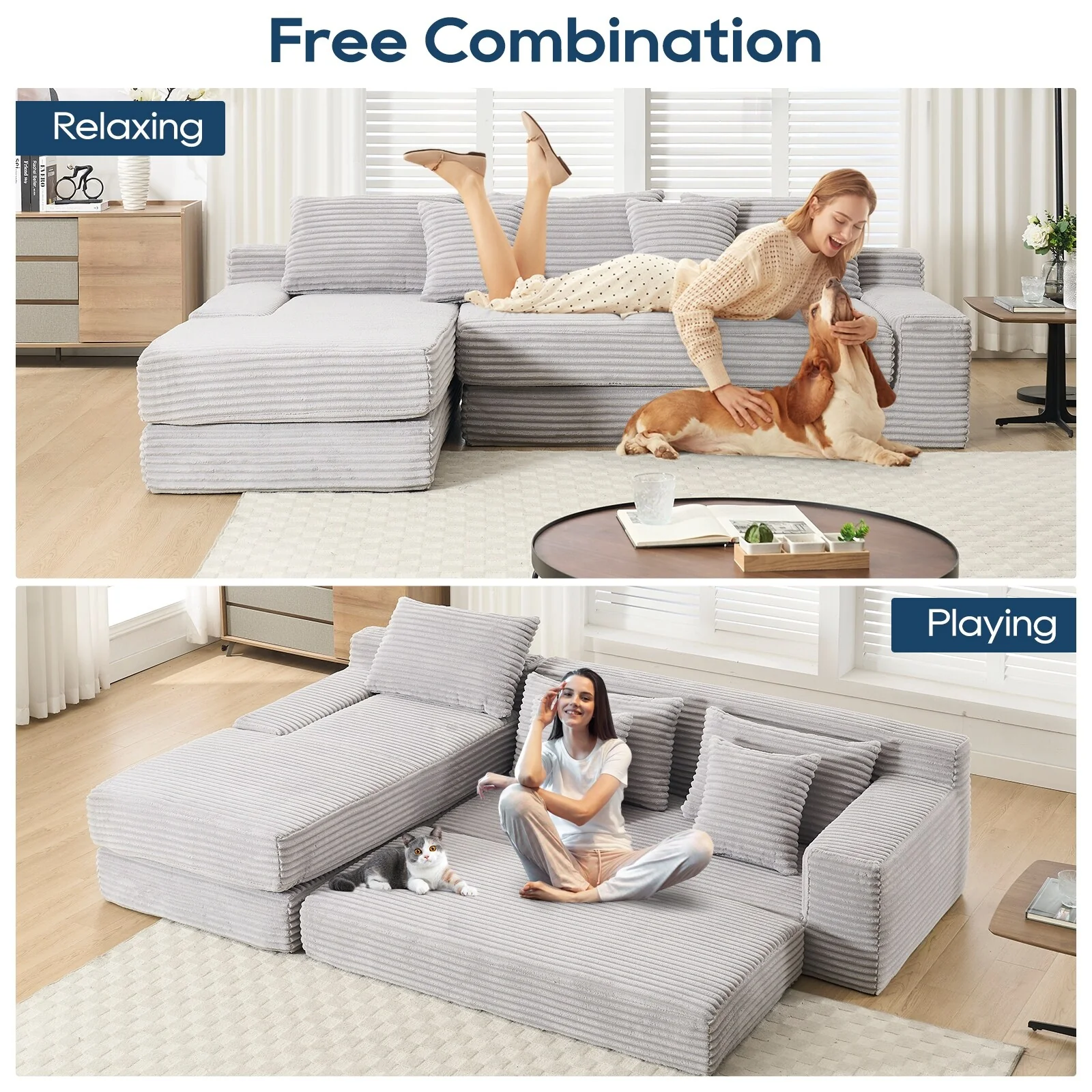 Light Corduroy L-Shaped Sectional with Memory Foam, Sofa Bed